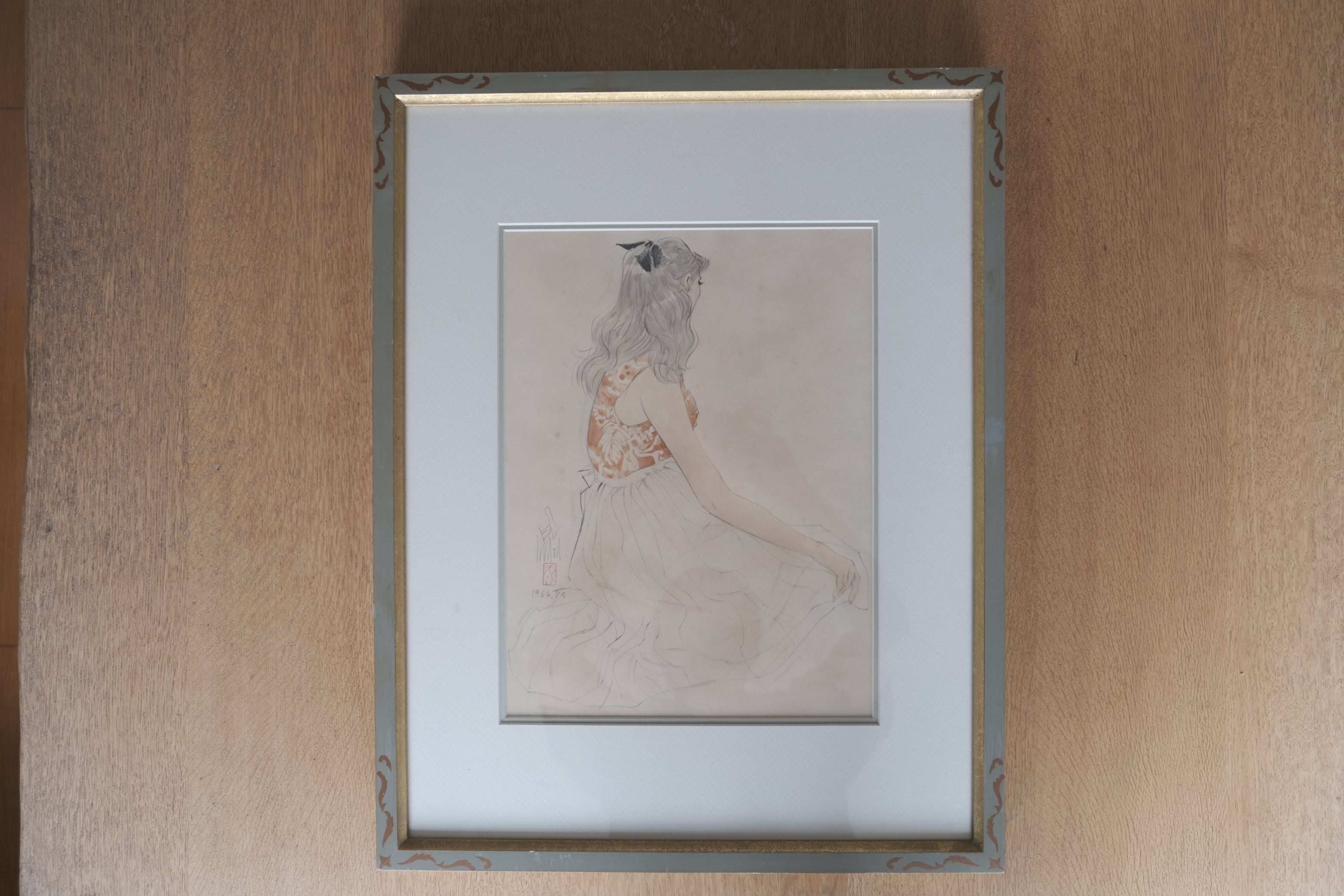 岩田専太郎 額装デッサン 1964年 人物画 肉筆作品 額装品